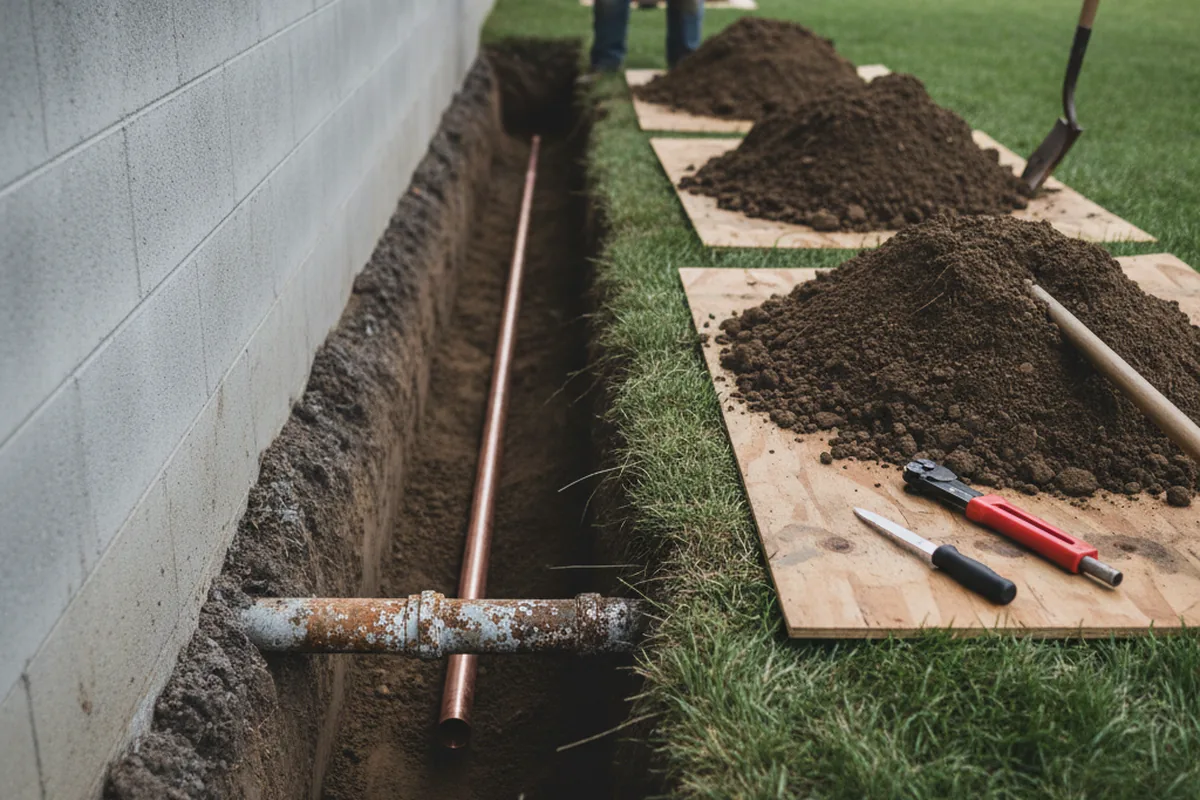 Excavated water line trench during Water Heater Repair in Hesston